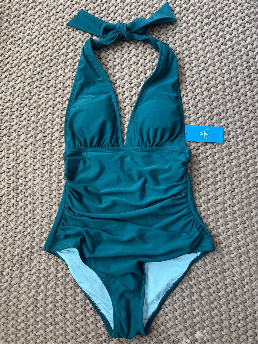 NWT Cupshe Emerald Teal Halter One-Piece Swimsuit Size XS